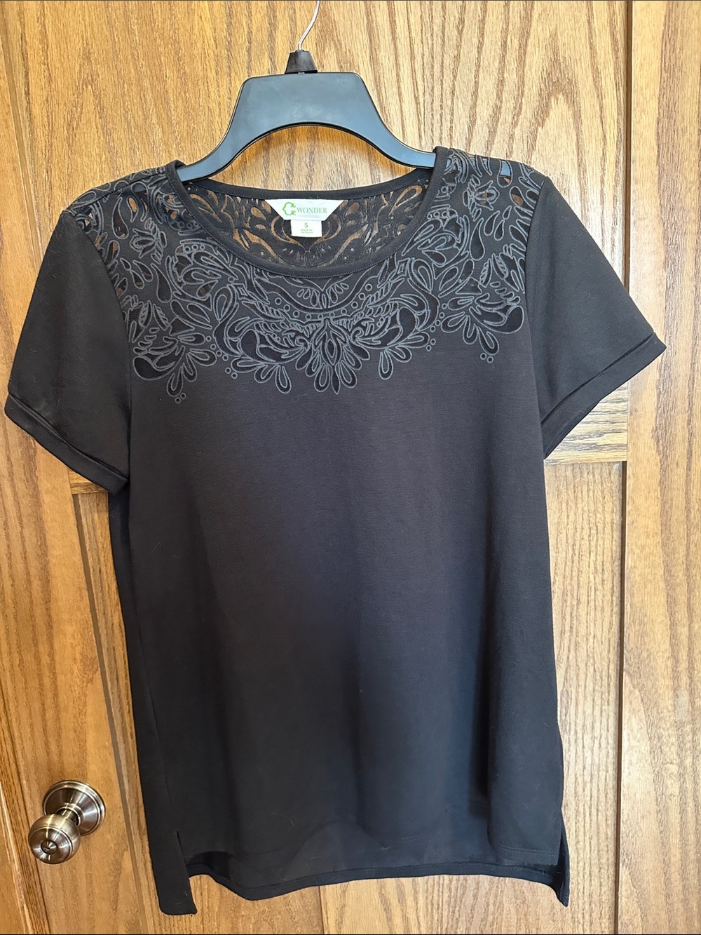 Black Short Sleeve Top with Decorative Lace Yoke SZ S
